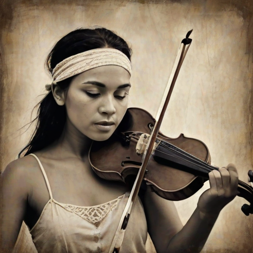 a young Maori woman with a white headband playing a violin, in the style of a charcoal drawing, sepia grunge background