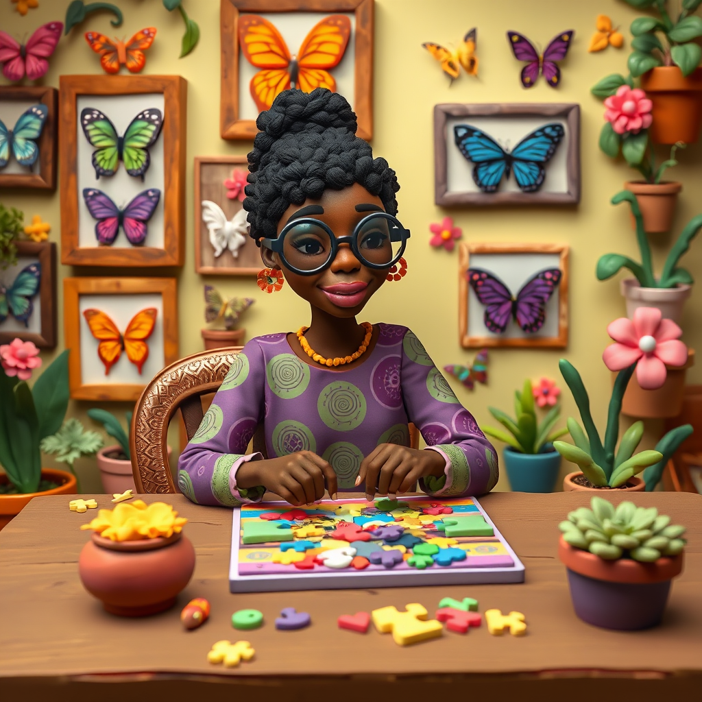 A vibrant and whimsical illustration of an african american woman sitting at a table working on a colorful jigsaw puzzle. she is wearing round glasses, and patterned clothing in shades of purple and green.  The background features an eclectic collection of framed butterflies, potted plants, and other natural elements, creating a warm and inviting atmosphere. The style is playful and modern, with rich textures, intricate details, and a lively color palette.