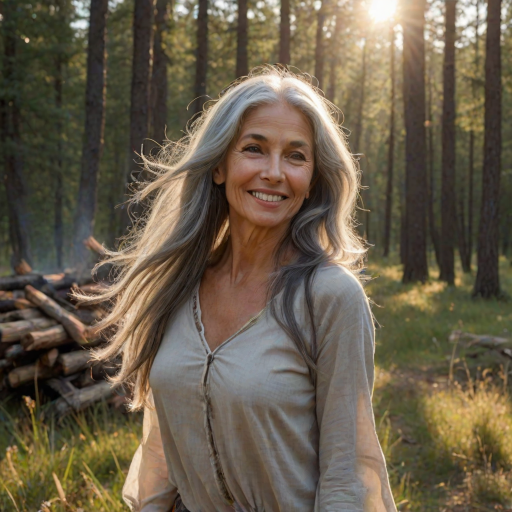 ultrarealistic, beautiful caucasian woman, Indian pirouette on her head, gray hair, long straight hair, the sun gently illuminates her hair. Ultrarealistic skin, stands in the meadow, 1 girl, age - about 50 years old, swarthy complexion, ultrarealistic skin, smiles gently, stands near the campfire. She looks sexy