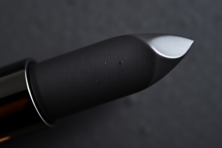 Charcoal gray lipstick with a suede-like finish, called "Smoky Quartz," boasting a unique texture that appears both matte and metallic
