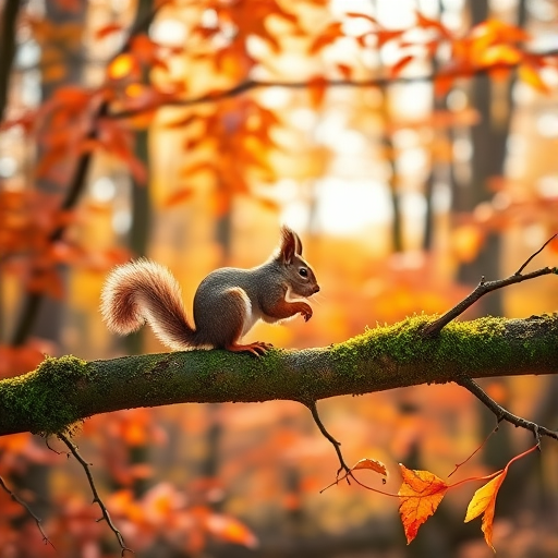 Generate a photorealistic image of a squirrel perched on a moss-covered branch in an autumn forest, with vibrant orange and red leaves, soft sunlight filtering through the trees, shot with a Canon EOS R5, 50mm lens, aperture f/1.8, ISO 100, and a shallow depth of field.