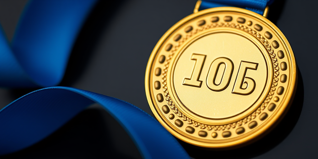 Regenerate the image of a gold medal with a blue ribbon, using a Canon EOS R5 with a 50mm lens, aperture f/2.8, ISO 100, 1/200s exposure time, using soft lighting and a shallow depth of field for enhanced clarity and detail.