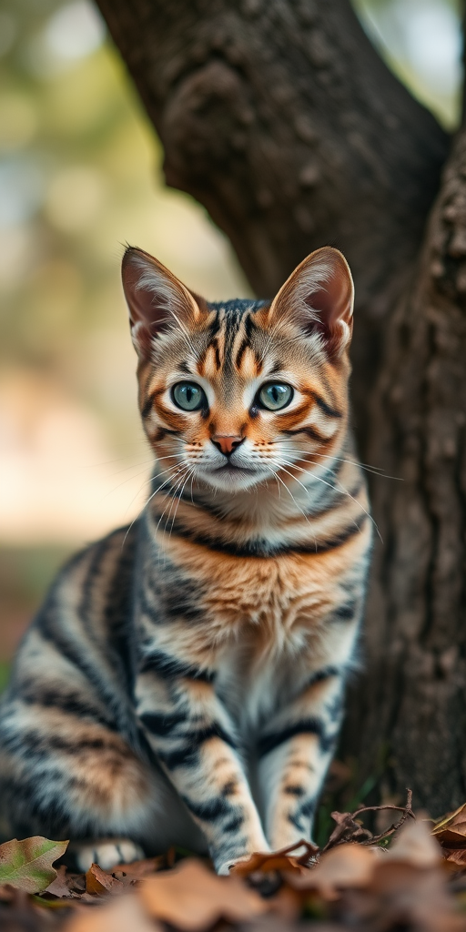 Regenerate an image of a tabby cat sitting next to a tree, captured with a DSLR camera, 50mm lens, f/1.8 aperture, ISO 200, natural light, shallow depth of field, focus on the cat's face with a blurred background.