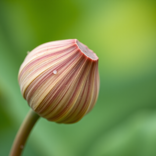 Close-up macro shot of a dried lotus seed pod against a blurred green background, f-stop 2.8, shutter speed 1/200s, ISO 100, shot with a DSLR camera, using a 100mm macro lens for detailed texture and depth of field.