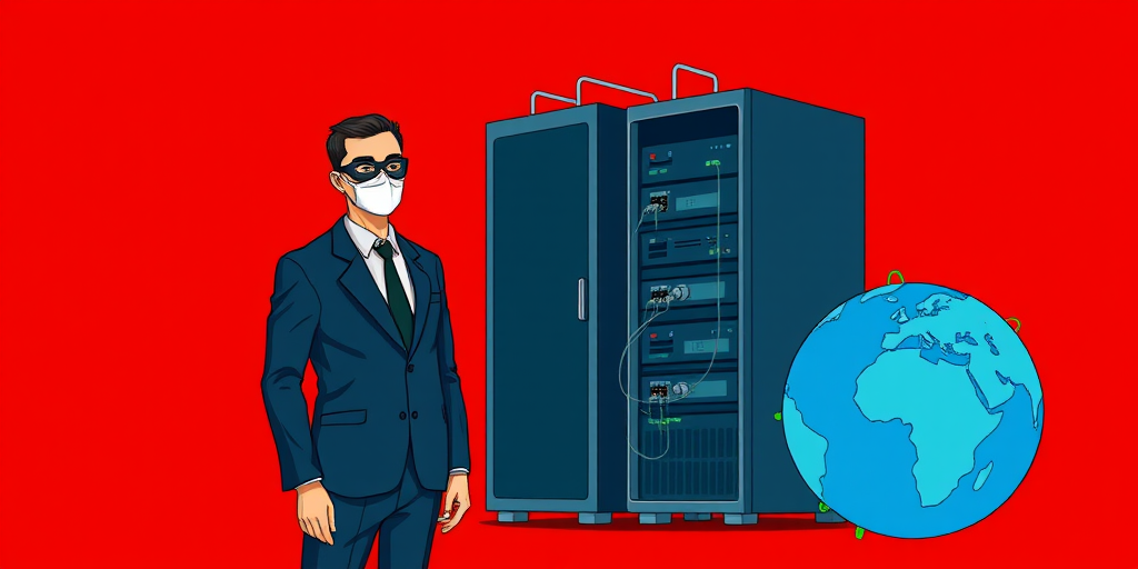 Create a digital illustration depicting a masked figure in a suit next to a server stack and a globe with network connections, set against a vibrant red background, captured with a high-resolution digital camera at 50mm, f/1.8 aperture, ISO 100, in a well-lit studio environment for enhanced clarity and vivid colors.
