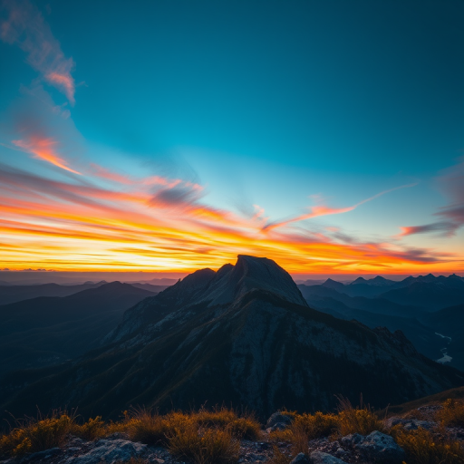 Create a high-resolution image of a serene mountain landscape at sunset, captured with a Canon EOS R5, ISO 100, f/8 aperture, 1/125 sec shutter speed, with a wide-angle lens, shot from a low angle to emphasize the foreground and vibrant colors in the sky.