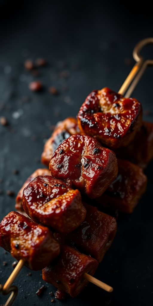 high-quality image of grilled meat skewers on a dark background, low light photography, macro lens, aperture f/2.8, ISO 400, shutter speed 1/60s, top-down view, studio lighting