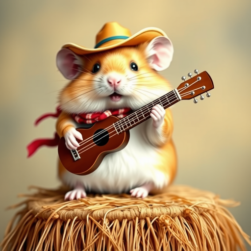 A chibi hamster, dressed as a cowboy, playing guitar, sitting on a hay bale