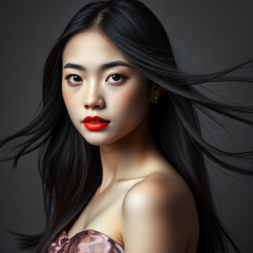 Photographic image of a beautiful young Tibetan woman, white eyes, lips with orange lipstick, long hair fluttering in the wind and wearing a silk strapless dress with a soft purple and orange print. monochrome image with only color highlights in the iris of the eyes, lipstick and dress. Gray background.