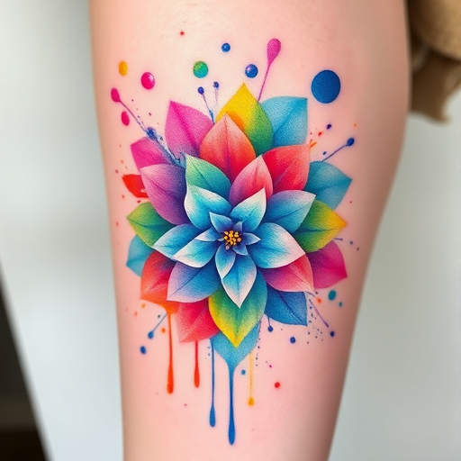 Vibrant watercolor tattoo named "Spectrum Splash" featuring a gradient rainbow of colors blending seamlessly across the skin, with delicate splatters and drips creating an abstract floral pattern, incorporating hidden geometric shapes within the design