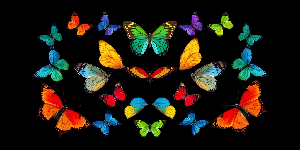 Create a vibrant, symmetrical pattern of colorful butterflies against a solid black background, using a Canon EOS R6 with a 50mm f/1.2 lens, aperture set to f/8, ISO 200, and 1/160s shutter speed for sharpness and vivid colors.
