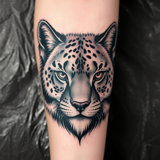 Photorealistic black and gray tattoo called "Nature's Portrait" depicting a highly detailed animal face with lifelike fur textures and soulful eyes, perfect for forearm or calf placement
