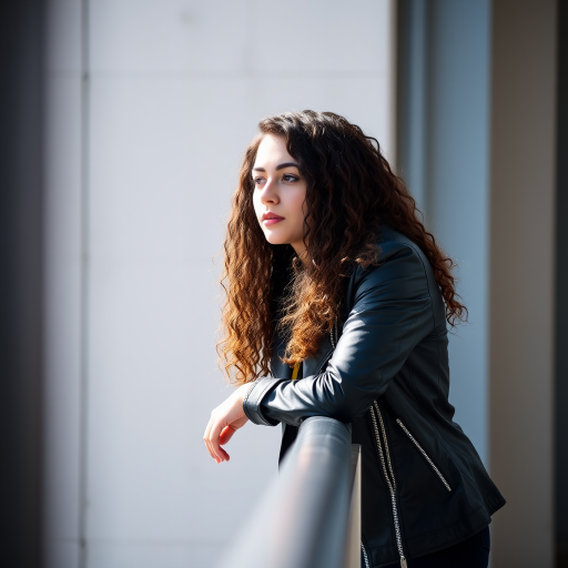 A woman with long curly hair wearing a black leather jacket standing on a metal railing, looking thoughtfully, captured in natural light with a shallow depth of field, using a DSLR camera with a 50mm lens at f/2.8, ISO 100, and a 1/200 sec shutter speed for sharpness and clarity.