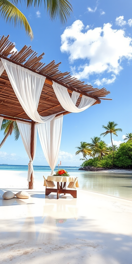 Create a picturesque tropical beach scene featuring a serene, white sandy shore. In the foreground, there's a rustic wooden canopy with white drapes gently flowing in the breeze. Underneath the canopy, a table is set with tropical decor, evoking a sense of relaxation and leisure. The beach extends into a calm, shallow water area with reflections of the sky and surroundings. Palm trees and lush greenery line the edge of the beach, providing a natural, tropical backdrop. The sky is clear with a few scattered clouds, and the overall atmosphere is tranquil and inviting, perfect for a peaceful retreat.