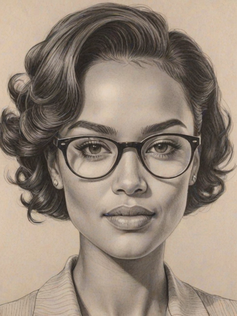 Captivating Grace Byers, pencil sketch, portrait of Graceful woman 1959s in glasses, hair style beatnik, outline, clear lines, fine lines, 8k