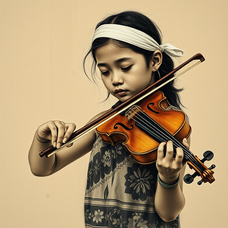 a young Torres Strait Islander woman with a white headband playing a violin, in the style of a charcoal drawing, sepia grunge background