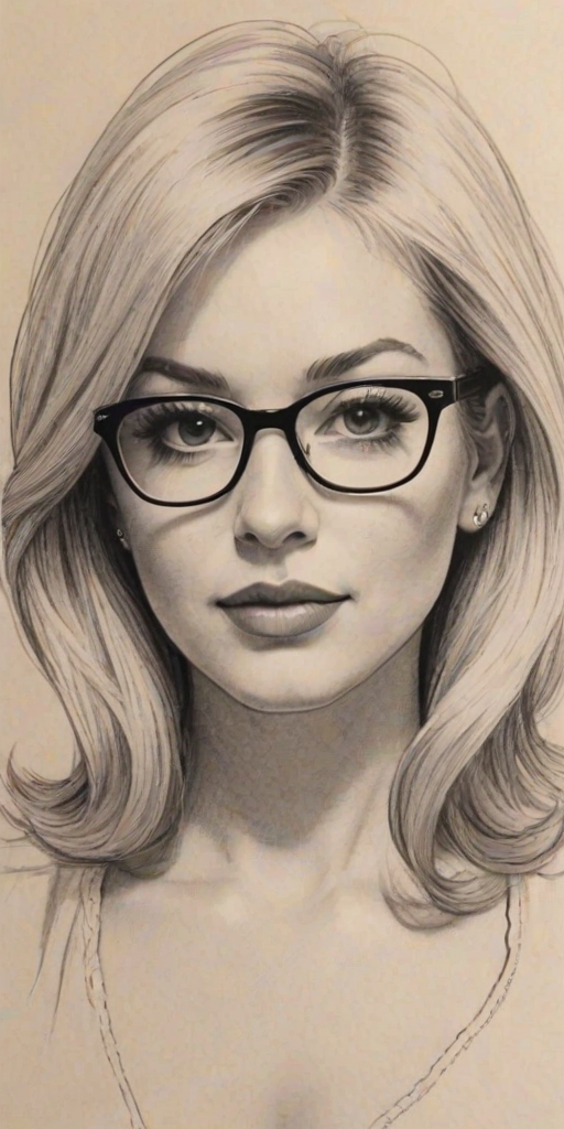 Splendid Ari Graynor, pencil sketch, portrait of Bewitching woman 1958s in glasses, hair style beatnik, outline, clear lines, fine lines, 8k