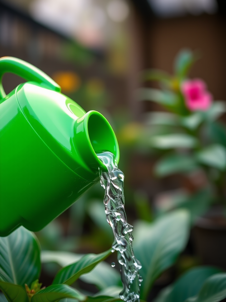 Regenerate a vibrant green watering can pouring water, use a 50mm lens, f/2.8 aperture for a shallow depth of field, ISO 100 for clarity, shot from a high angle view, using a DSLR camera for high resolution.