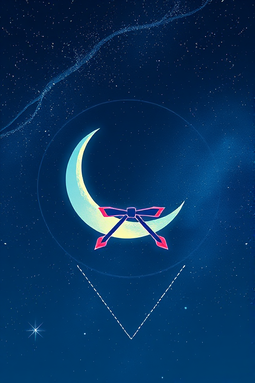Create a vibrant illustration of a night sky with a crescent moon and a stylized bow and arrow motif centered within a circular frame, using a DSLR camera with a 50mm lens, aperture f/2.8, ISO 100, shot from a direct overhead view to enhance detail and color contrast.
