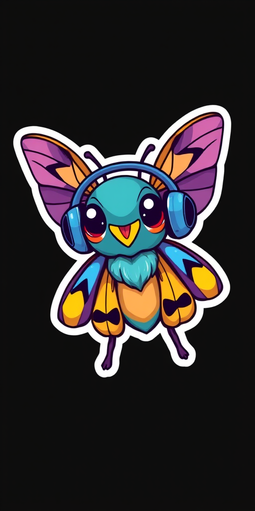 this image is sticker, Happy Colorful Moth wearing Headphones, kawaii, contour, vector, black background