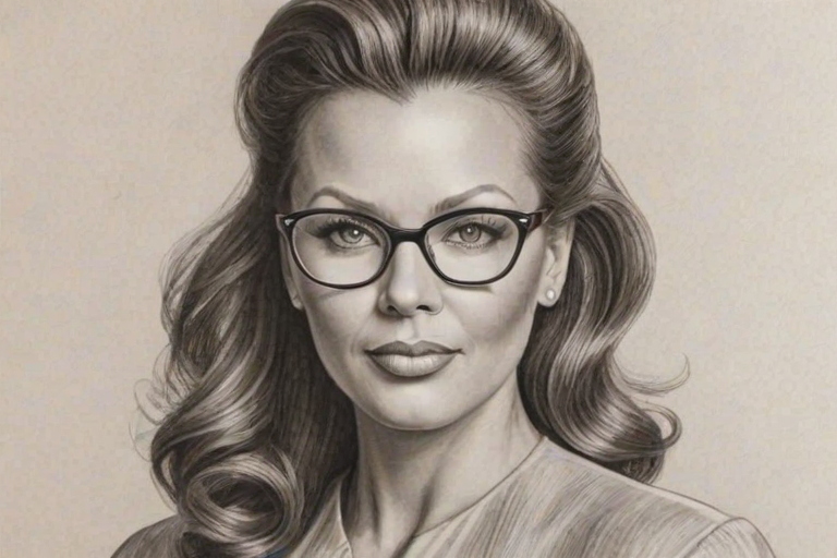 Bewitching Vanessa Williams, pencil sketch, portrait of Elegant woman 1939s in glasses, hair style beatnik, outline, clear lines, fine lines, 8k