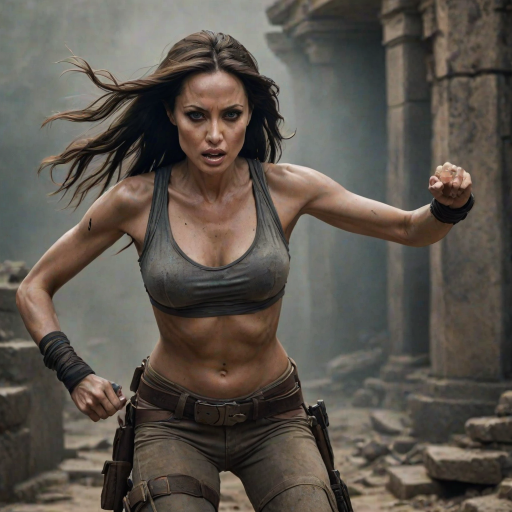 Fierce "Angelina Jolie" action pose, long dark hair in motion, determined expression, Tomb Raider inspired outfit, ancient ruins background, dramatic backlighting, smokey eye makeup, athletic physique