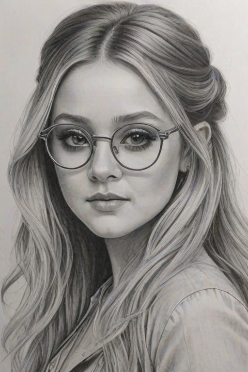 Bewitching Billie Lourd, pencil sketch, portrait of Alluring woman 1969s in glasses, hair style beatnik, outline, clear lines, fine lines, 8k