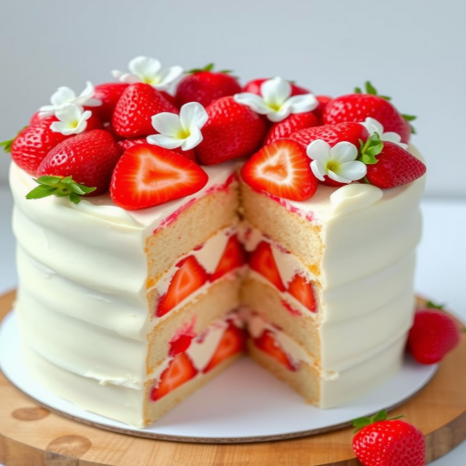 A beautifully layered cake with three tiers showcasing soft sponge layers filled with fresh strawberries and cream, topped with a generous amount of strawberries and delicate white flowers, with a slice cut out revealing the delicious filling inside.