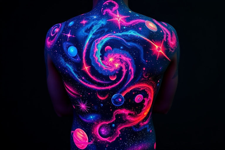 Ethereal UV ink galaxy tattoo spanning the entire back, depicting swirling nebulas, twinkling stars, and distant planets, glowing brilliantly under blacklight for a mesmerizing effect