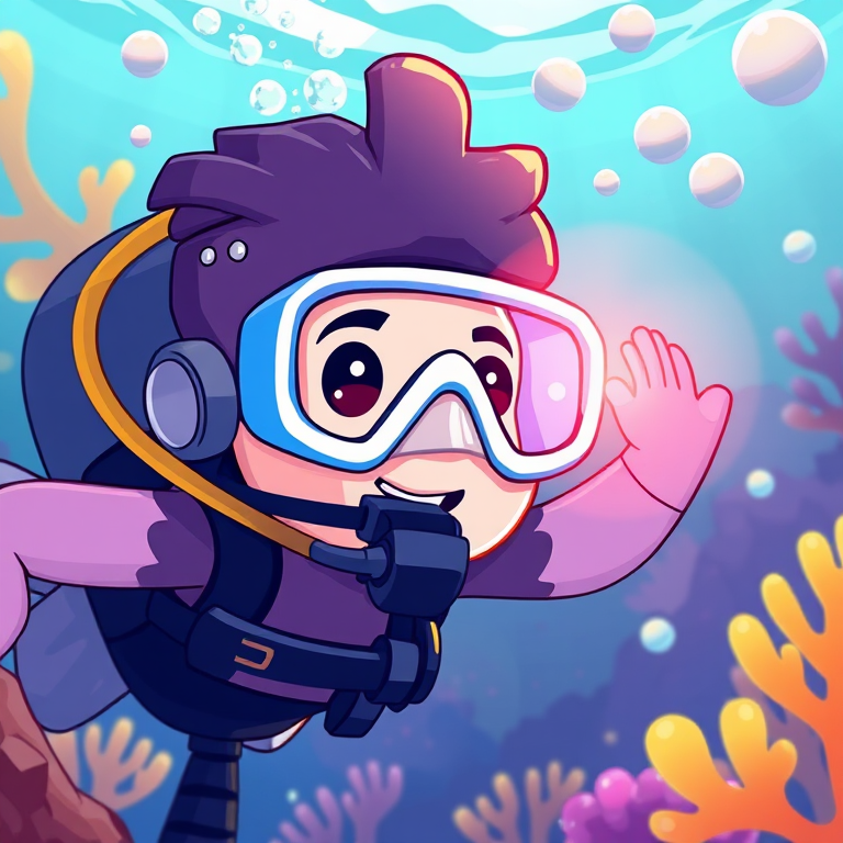 Create a vibrant illustration of a cartoon-style scuba diver underwater, using a Canon EOS 5D Mark IV camera, settings at ISO 100, f/8 aperture, 1/125 shutter speed, wide-angle view, and in a bright, colorful digital art style.
