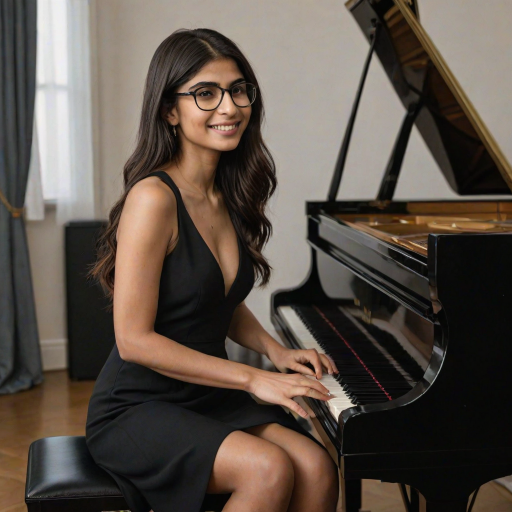 A mia khalifa with long, dark hair smiles at the viewer as she sits at a grand piano, her right hand poised over the keys. The scene is lit by warm, natural light, highlighting the elegant simplicity of the woman's black dress. The perspective is from the side, emphasizing the contrast between the woman's delicate form and the grand scale of the piano. The ivory keys and dark wood of the piano create a striking visual contrast, further emphasized by the rich black of her dress.
