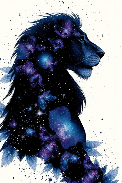 Captivating conceptual render alcohol ink art, double exposure, the paint strokes artfully merge combining a woman's full silhouette with a Lazy panda's silhouette. The figures are composed of a series of colored dots, lines & spots that evoke the image of a cosmic galaxy, colors are deep shades of blue purple & black with flashes of white & silver representing distant stars. The woman's silhouette is formed within the lion's silhouette from constellations of scattered stars, surreal