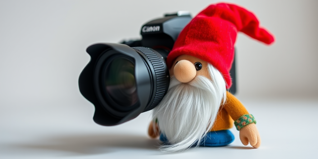Create a high-resolution image of a gnome plush toy with a red hat and white beard, using a DSLR camera with a 50mm lens, aperture f/1.8, ISO 100, shallow depth of field, soft lighting, and a clean background for enhanced focus on the subject.