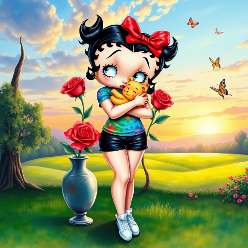 Luxury 3D HD realistic watercolor oil painting. Betty Boop with black hair in two messy buns. Red headband with big bow. He wears black shorts with a colorful t-shirt. White sneakers. She is standing hugging winnie the pooth next to a large vase with a tall red rose, There are trees and butterflies flying. The land with a beautiful lawn. Full body. Background of a sunset