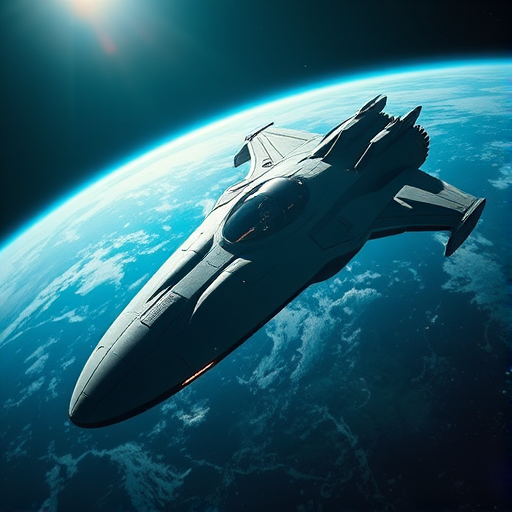 A futuristic spaceship flying near Earth, with a high-resolution texture, dynamic lighting, and a lens flare effect, captured with a Canon EOS R5, 24mm f/1.4 lens, ISO 100, 1/200 sec, at an angle that emphasizes the ship's design and Earth in the background.