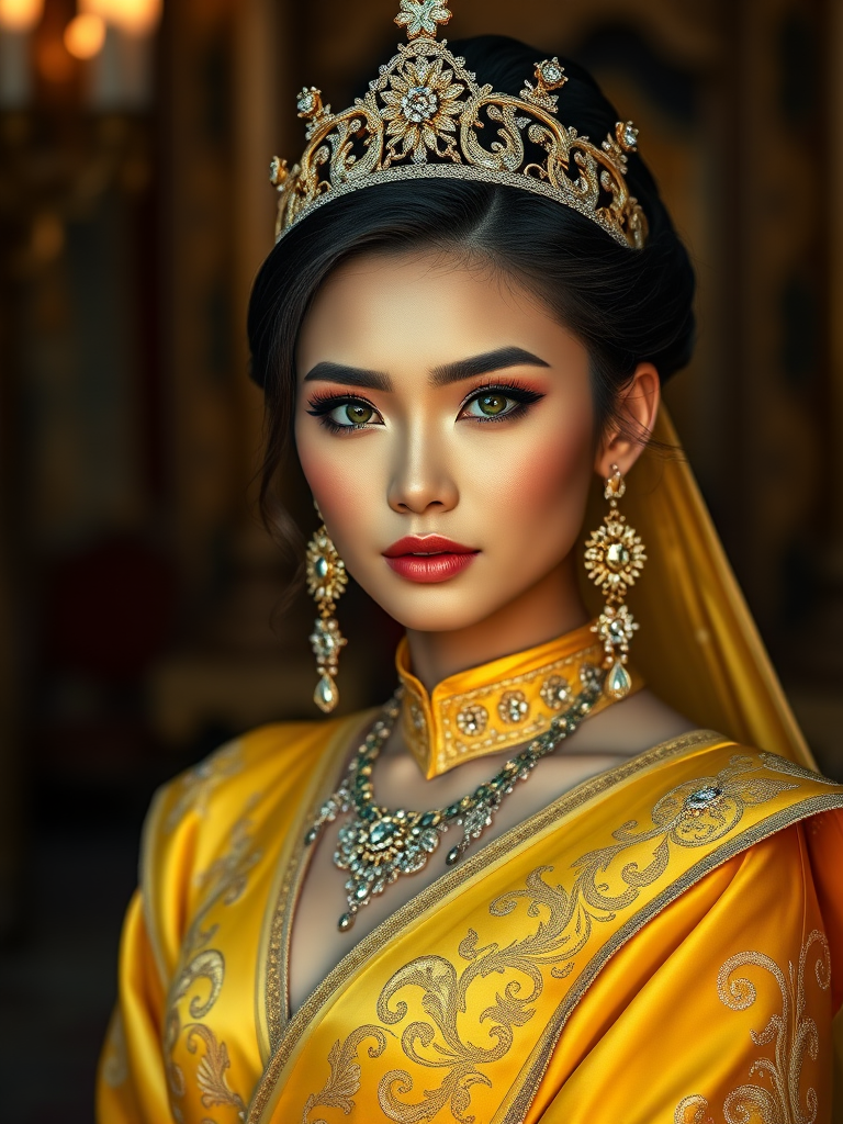 A gorgeous Tibetan woman in a luxurious Yellow gown, accessorized with a dazzling tiara and statement earrings, her deep green eyes highlighted by impeccable makeup, poised in a royal setting, photorealistic, 8K quality