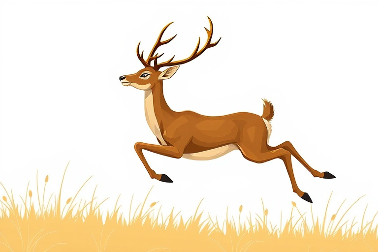 Create a detailed illustration of a leaping deer with elegant lines and a gold outline, using a DSLR camera with a 50mm lens, f/1.8 aperture, ISO 100, and natural lighting for a crisp contrast, captured from a low angle to emphasize movement.