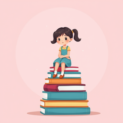 Regenerate an illustration of a girl sitting on a stack of colorful books, using a clean and simple design style, with a soft pink background, shot with a DSLR camera at f/2.8 aperture, 50mm lens, natural lighting, and shallow depth of field for a smooth blur effect.