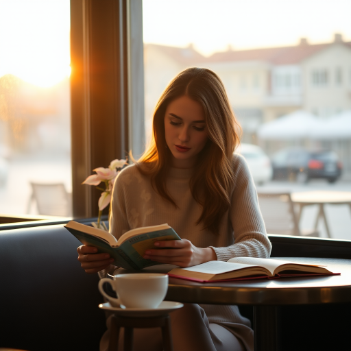 Softly lit image of a woman sitting alone at a cafetable, reading a book in the late afternoon light, with a cup of tea steaming beside her and the soft glow of the setting sun illuminating the scene.