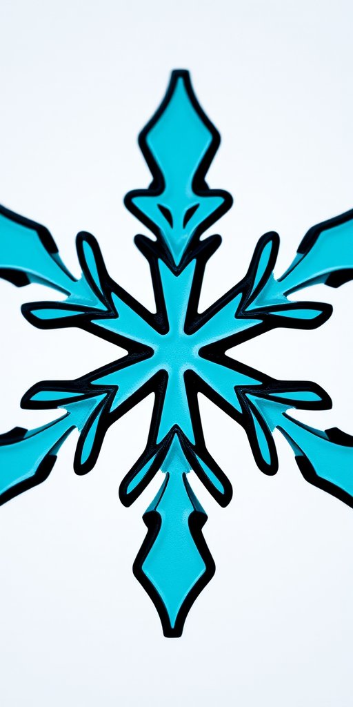 Create a high-resolution image of a stylized snowflake with vibrant turquoise and black outlines on a transparent background, using a DSLR camera at ISO 100, f/8 aperture, 50mm lens, with a macro view to highlight intricate details and enhance overall clarity.
