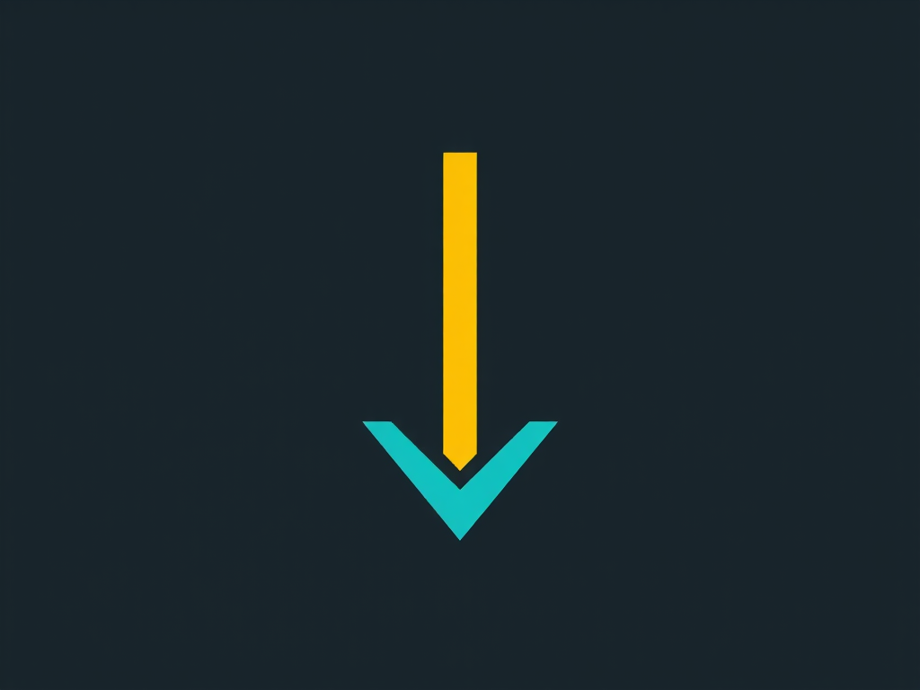 Create a vector-style graphic of a download arrow with a turquoise arrowhead and a yellow vertical line on top, in a minimalist design, using a Canon EOS R5 camera with a 50mm f/1.2 lens, f-stop 2.8, ISO 200, and a 1/100 shutter speed for sharp focus and vibrant colors.