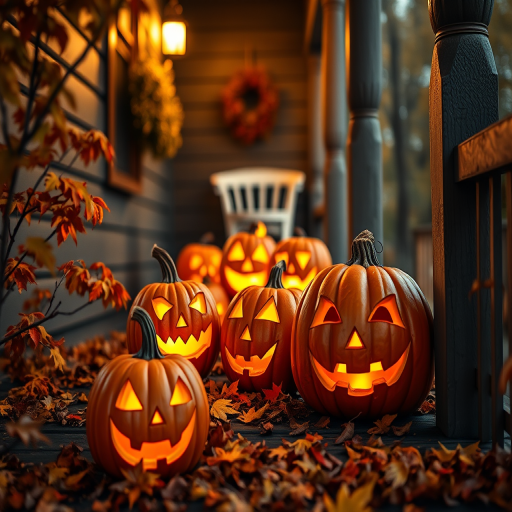 Create a highly detailed and vibrant image of illuminated jack-o'-lanterns on a wooden porch surrounded by autumn leaves, captured with a Canon EOS R5, using a 50mm f/1.2 lens, at f/2.8 aperture, ISO 100, and a shutter speed of 1/100s, with a low-angle view to emphasize the pumpkins and the porch details.