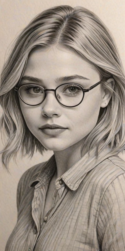 Delightful Chloe Grace Moretz, pencil sketch, portrait of Beauteous woman 1936s in glasses, hair style beatnik, outline, clear lines, fine lines, 8k