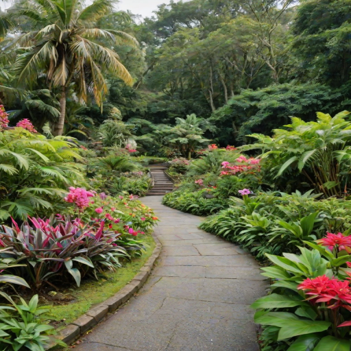Beautiful botanical garden, filled with exotic plants and flowers, visitors strolling along winding paths, and the scent of blooming flora filling the air.