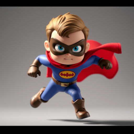 Create an animated image of a small superhero character in a dynamic running position with a focused expression, set against a simple background, using a 50mm lens, f/4 aperture, 1/1000 sec shutter speed, and vibrant colors to enhance clarity and depth.
