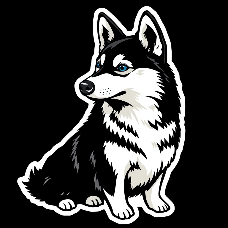 generate sticker, 3D black and white yakutian laika dog breed, black background