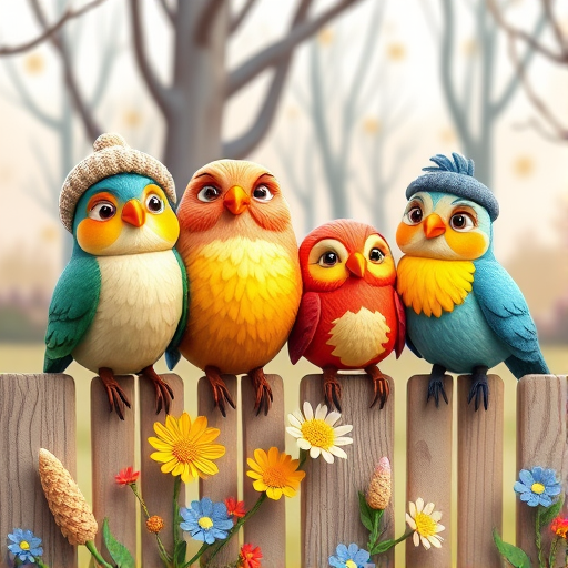 create a scene of 4 quirky  whimsical colourful comical birds each with a funny expression. they are sat on a wooden fence with colourful flowers. they are all different sizes. each one is a different colour  one is wearing a woolly hat. Each one has a different quirky google expression and there is a muted background of trees watercolour paintierly style high definition 8k resolution 3D paper mache
