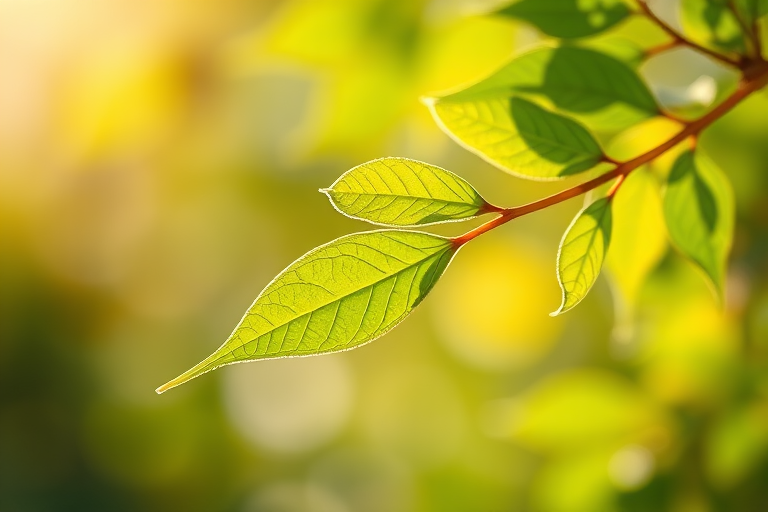 Create a high-resolution image of a green leaf branch with vibrant lighting, using a macro lens at f/2.8, ISO 100, 1/200s shutter speed, shot from a slightly elevated angle, with a clear focus and soft background blur, in a digital camera style.