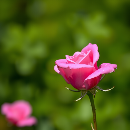 Pink rose in full bloom with dew drops against a blurred green background, shot with a DSLR camera at f/2.8 aperture, 50mm lens, ISO 100, natural sunlight for enhanced detail and vibrancy.