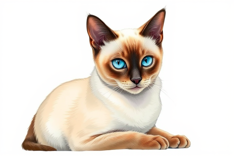 Create a detailed, high-resolution illustration of a Siamese cat with striking blue eyes sitting gracefully, captured with a 50mm lens at f/1.8, soft natural lighting, shot from a slightly low angle to emphasize its features, using a digital drawing style for enhanced clarity and depth.